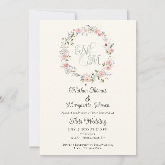 Monogram Watercolor Floral Wreath Wedding Einladung (Vorderseite)