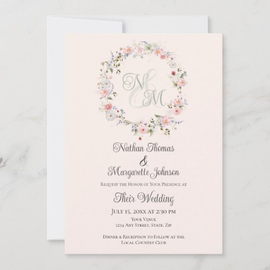 Monogram Watercolor Floral Wreath Wedding Einladung (Vorderseite)
