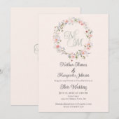 Monogram Watercolor Floral Wreath Wedding Einladung (Vorne/Hinten)