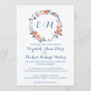 Monogram Watercolor Floral Wreath Wedding Einladung