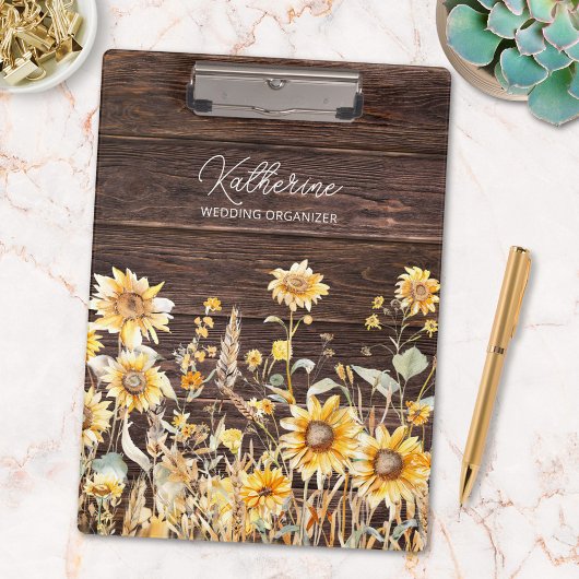 Monogram Watercolor Gelbe Sonnenblumenfelder Holz Klemmbrett