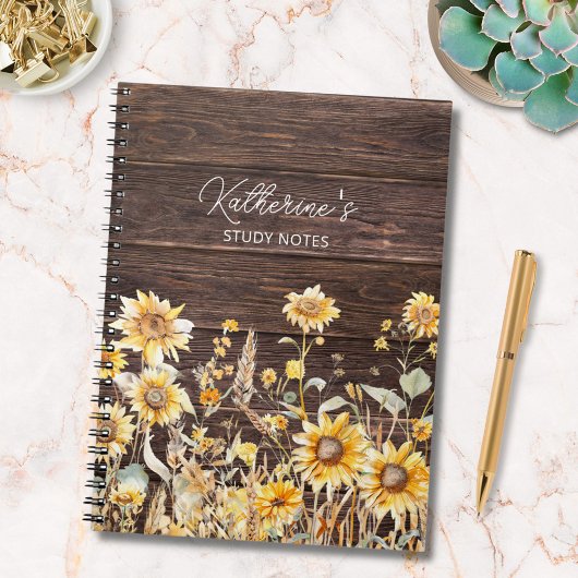 Monogram Watercolor Gelbe Sonnenblumenfelder Holz Notizblock
