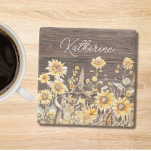 Monogram Watercolor Gelbe Sonnenblumenfelder Holz