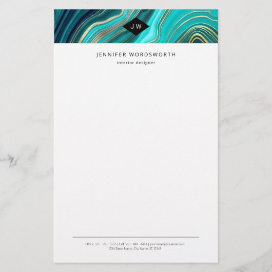 Monogram Watercolor Geode Green Agate Malachite Briefpapier (Vorderseite)