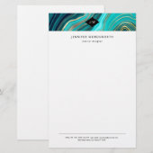 Monogram Watercolor Geode Green Agate Malachite Briefpapier (Vorne/Hinten)