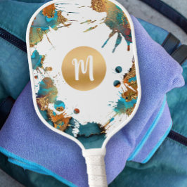 Monogram Watercolor Gold Turquoise Orange Spritzer Pickleball Schläger
