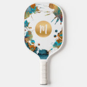 Monogram Watercolor Gold Turquoise Orange Spritzer Pickleball Schläger (Vorderseite)
