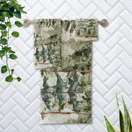 Monogram Watercolor Green Pine Forest on Mountain Badhandtuch Set