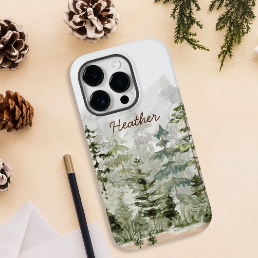 Monogram Watercolor Green Pine Forest on Mountain Case-Mate iPhone Hülle