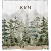 Monogram Watercolor Green Pine Forest on Mountain Duschvorhang (Vorderseite)
