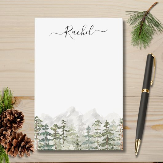 Monogram Watercolor Green Pine Forest on Mountain Post-it Klebezettel