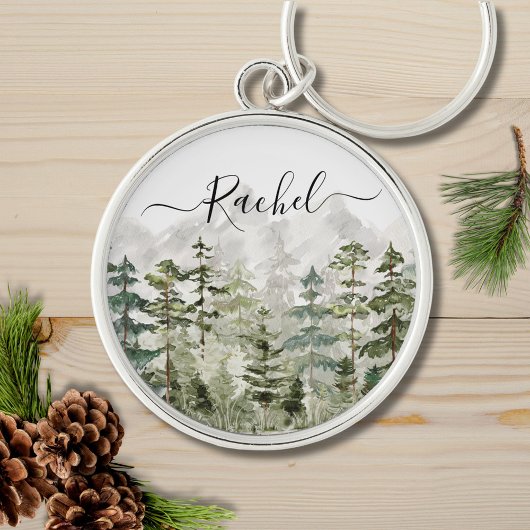 Monogram Watercolor Green Pine Forest on Mountain Schlüsselanhänger