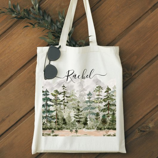 Monogram Watercolor Green Pine Forest on Mountain Tragetasche