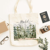 Monogram Watercolor Green Pine Forest on Mountain Tragetasche