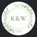Monogram Watercolor Greenerity Gastgeschenk Hochze Runder Aufkleber<br><div class="desc">Mit feinen Aquarellfarben-Blätter kann dieser schicke botanische Dankeschön-Aufkleber mit Ihren speziellen Informationen zum Hochzeitstag personalisiert werden. Entwickelt von Thisisnotme©</div>