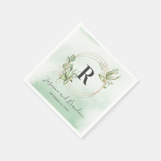 Monogram Watercolor Greenerity Gold Wedding Serviette (Ecke)