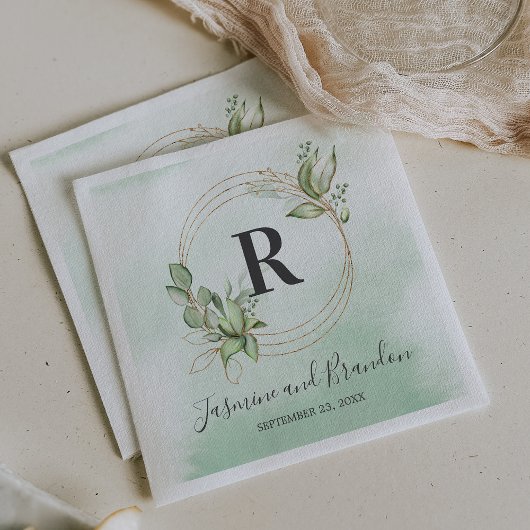 Monogram Watercolor Greenerity Gold Wedding Serviette