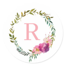 Monogram Watercolor Laurel Pink Blume Kranz
