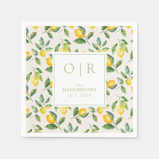 Monogram Watercolor Lemon Wedding Serviette (Vorderseite)