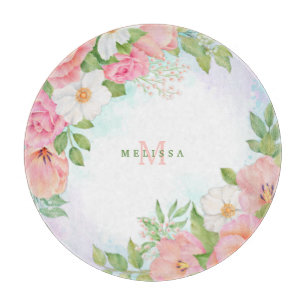 Monogram Watercolor Ombre Blumengrün Pink Schneidebrett