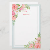 Monogram Watercolor Ombre Blumengrün Rose Briefpapier (Vorne/Hinten)
