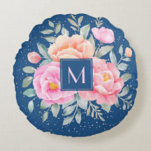 Monogram Watercolor Peongs Rose Pink Blue Floral