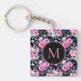 Monogram Watercolor Pink Black Floral Schlüsselanh Schlüsselanhänger