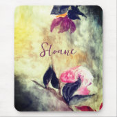 Monogram Watercolor Pink Blume Schwarze Blätter Mousepad (Vorne)