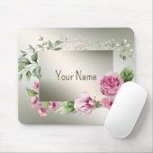 Monogram Watercolor Pink Floral Frame Shiny Bronze Mousepad (Mit Mouse)