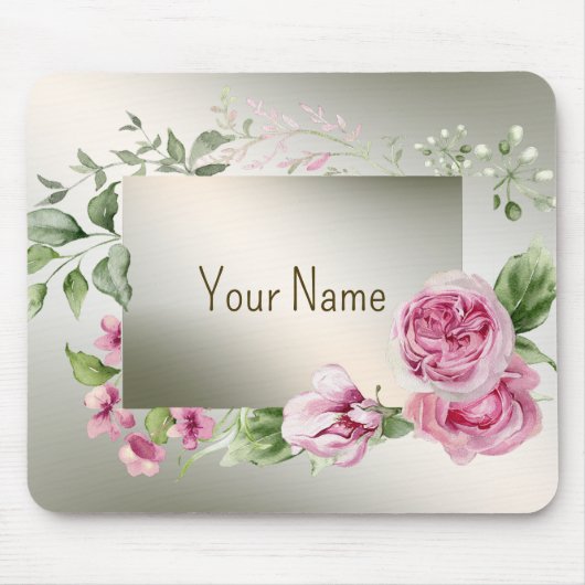 Monogram Watercolor Pink Floral Frame Shiny Bronze Mousepad (Vorne)