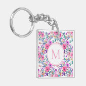Monogram Watercolor Pink Floral Schlüsselanhänger (Vorderseite links)