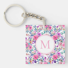 Monogram Watercolor Pink Floral Schlüsselanhänger