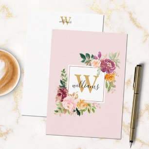 Monogram Watercolor Rose Gold Blume Floral Mitteilungskarte