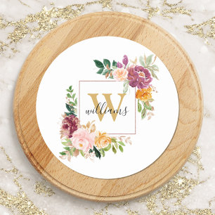 Monogram Watercolor Rose Gold Blume Floral Runder Aufkleber