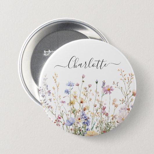 Monogram Watercolor Rustic Pretty Wildflower Field Button (Vorne & Hinten)