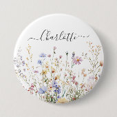 Monogram Watercolor Rustic Pretty Wildflower Field Button (Vorderseite)