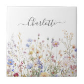 Monogram Watercolor Rustic Pretty Wildflower Field Fliese (Vorderseite)