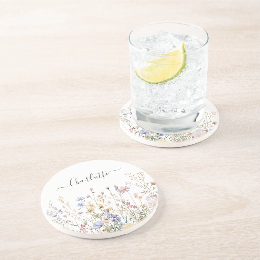 Monogram Watercolor Rustic Pretty Wildflower Field Getränkeuntersetzer (Seite)