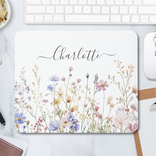Monogram Watercolor Rustic Pretty Wildflower Field Mousepad