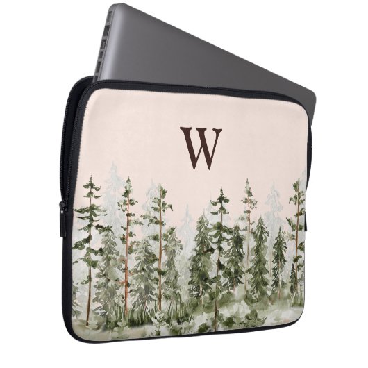 Monogram Watercolor Rustikaler Grünwald Laptopschutzhülle (Vorne Rechts)
