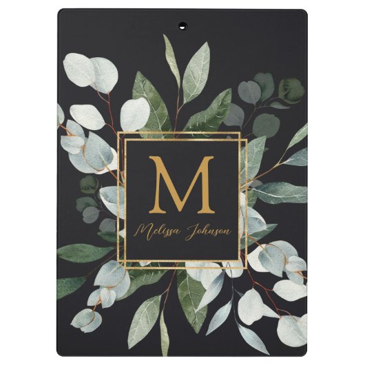 Monogram Watercolor Tropical Eucalyptus Black Klemmbrett (Rückseite)