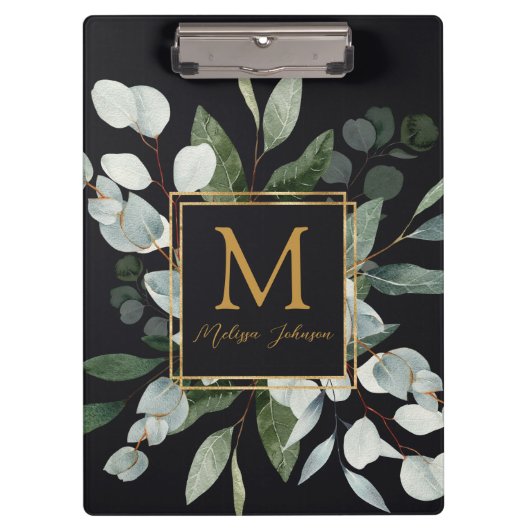 Monogram Watercolor Tropical Eucalyptus Black Klemmbrett (Vorderseite)