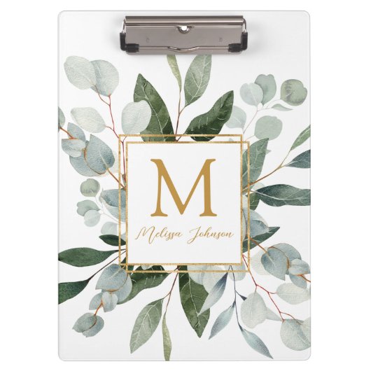 Monogram Watercolor Tropical Eucalyptus White Klemmbrett (Vorderseite)