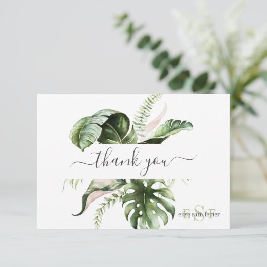 Monogram Watercolor Tropical Folies Vielen Dank Dankeskarte (Stehend Vorderseite)