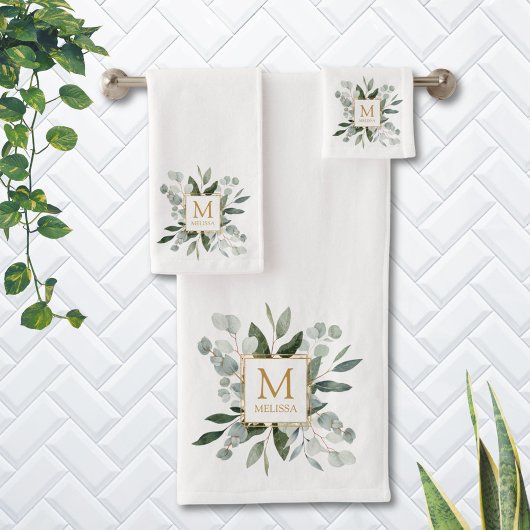 Monogram Watercolor Tropical Green Leaves Badhandtuch Set