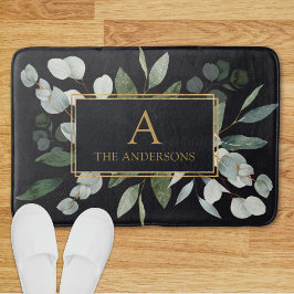 Monogram Watercolor Tropical Green Leaves Black Badematte