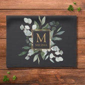 Monogram Watercolor Tropical Green Leaves Black Geschirrtuch