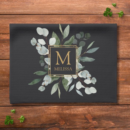Monogram Watercolor Tropical Green Leaves Black Geschirrtuch
