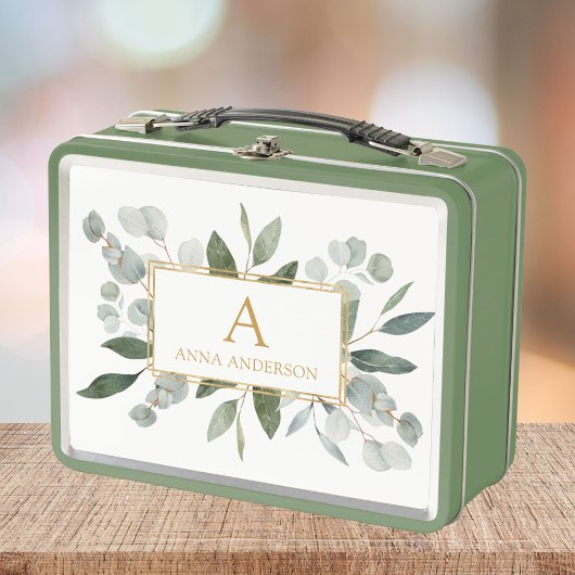 Monogram Watercolor Tropical Green Leaves Metall Brotdose