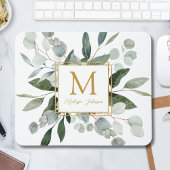 Monogram Watercolor Tropical Green Leaves Mousepad